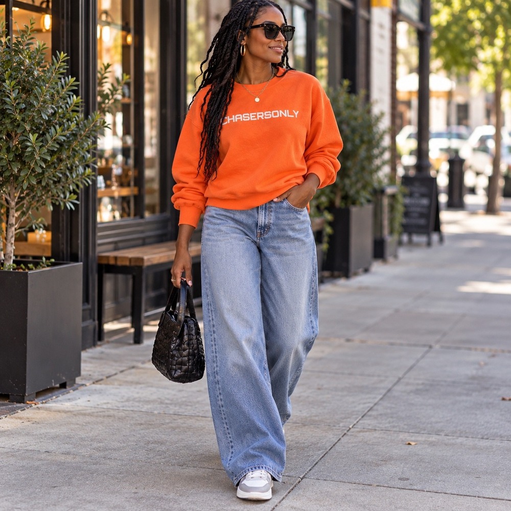 ChasersOnly Orange Graphic Logo Crewneck Sweatshirt Small Streetwear Pullover